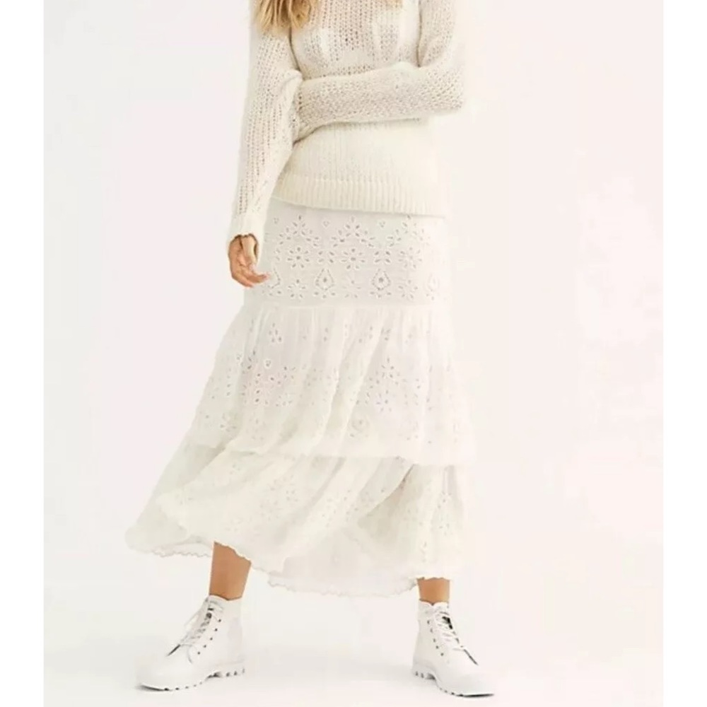 Free People White Tiered Eyelet Midi Skirt